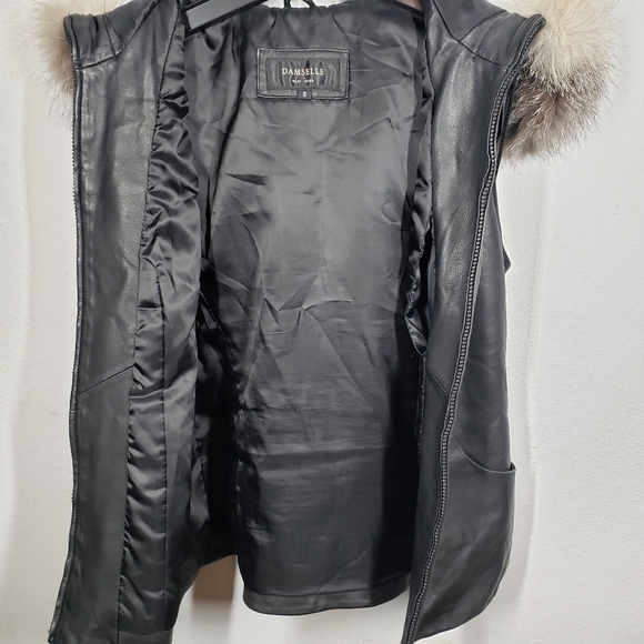 Damselle New York Leather Vest Black Faux Fur Trim Hooded Sleeveless Size Small - Picture 6 of 12